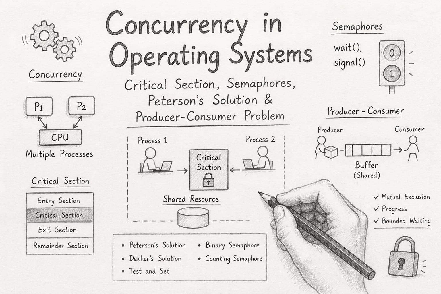 Concurrency in Operating Systems: Critical Section, Semaphores, Peterson's Solution & Producer-Consumer Problem